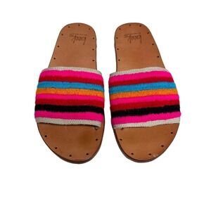 Beek Sandals Women Rainbow Stripe Embroidered Leather Slide Sandals Size 7